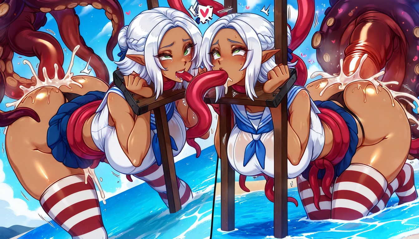 Red And White Stripped Thighhighs, Gigantic, Thick Dick Inside Pussy Hentai AI Porn