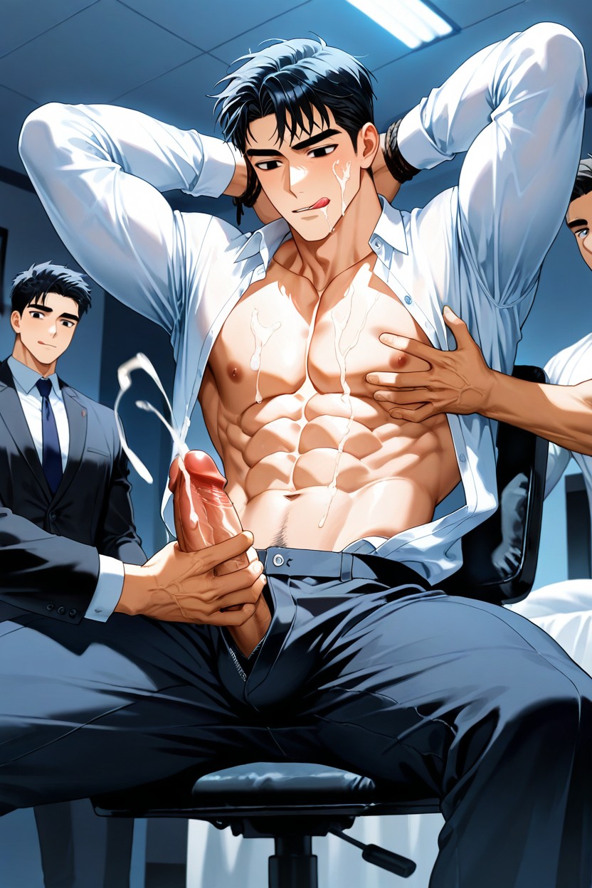 Sex, Black Jacket Over The Shirt, The First One Is Wearing A Long White Shirt And A Black Jacket With Office Pants AI Gay Porn