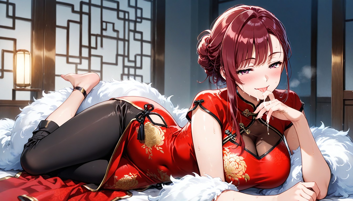 Half Closed Eyes, Fur Boa, Dark Red Hair Porno IA