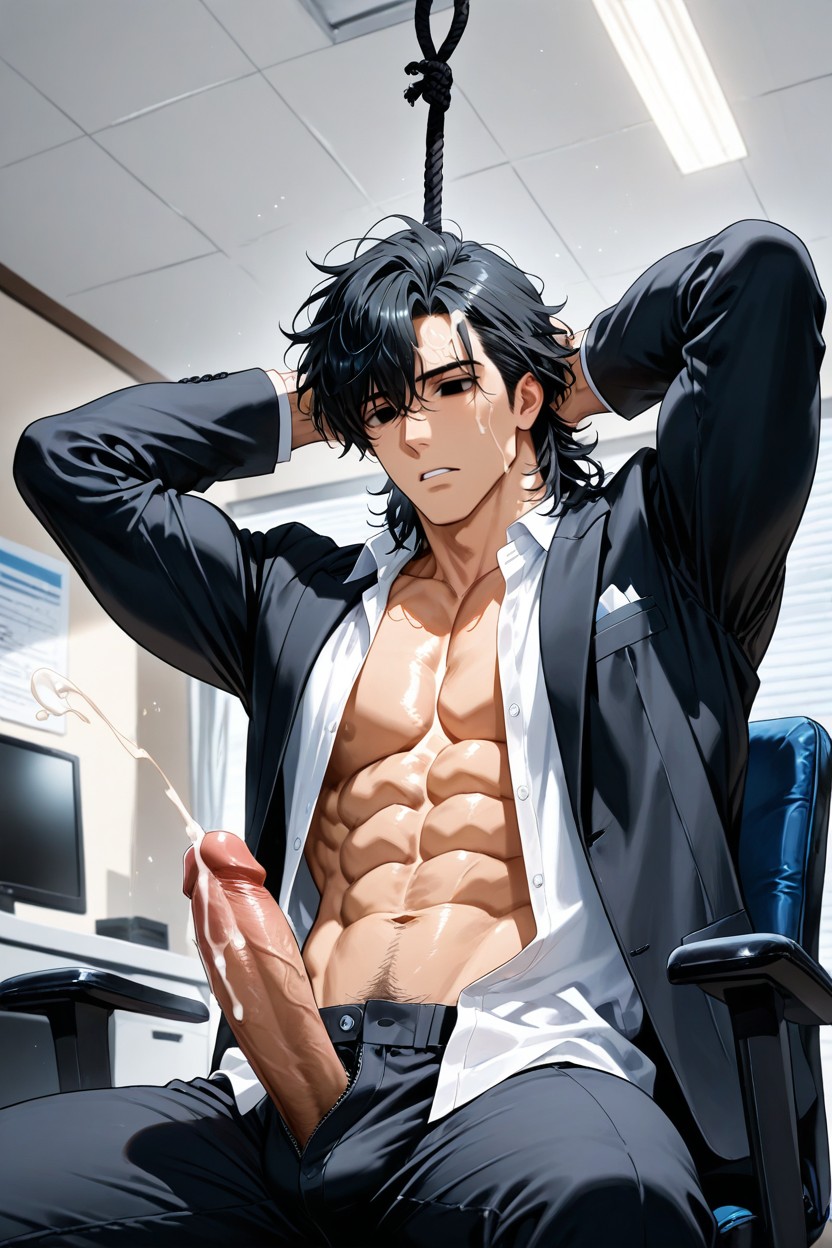 Groping His Body, Have Arms From Behind Touching Him And His Penis, Black Hair AI Gay Porn