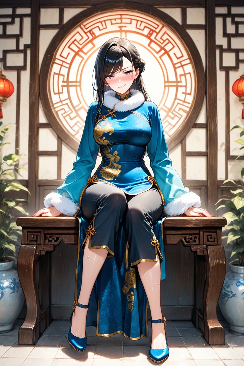 Sitting On Own Leg, Gold Print On The Dress, 20+ Porno IA