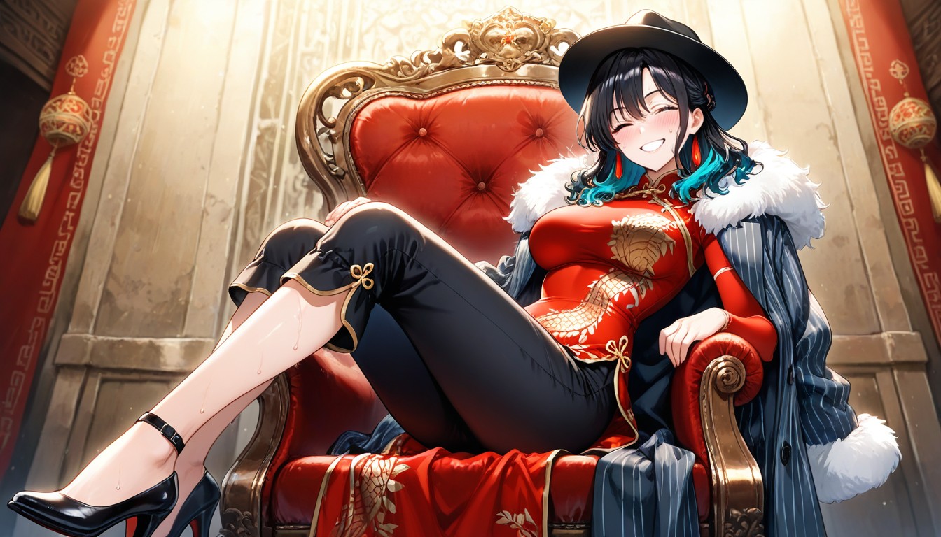 Long Sleeve Dress, Medium Hair, Sitting Isdeways On Throne Porno IA