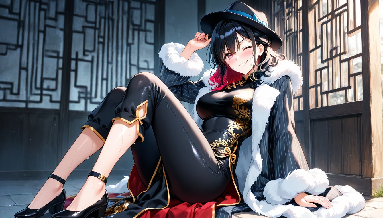 Sitting, Wide Coat Sleeves, Skin Tight Capri Pants Under Dress Porno IA