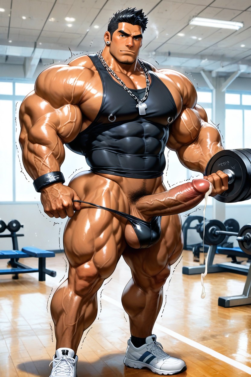 Gym Room, Smooth Face, Transparent Black Tank Top AI Gay Porn