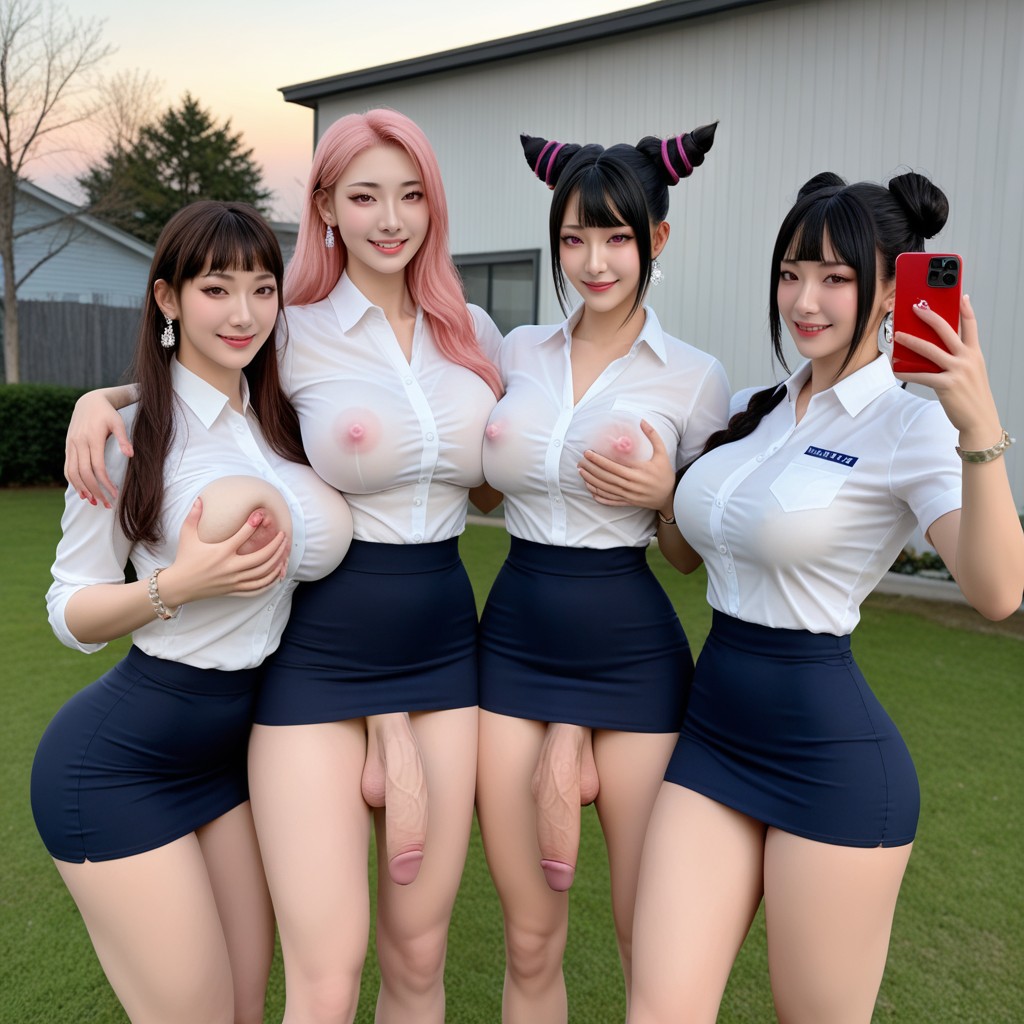 Long Legs, Group Of Three Futanari, Purple Hair Asian AI Porn