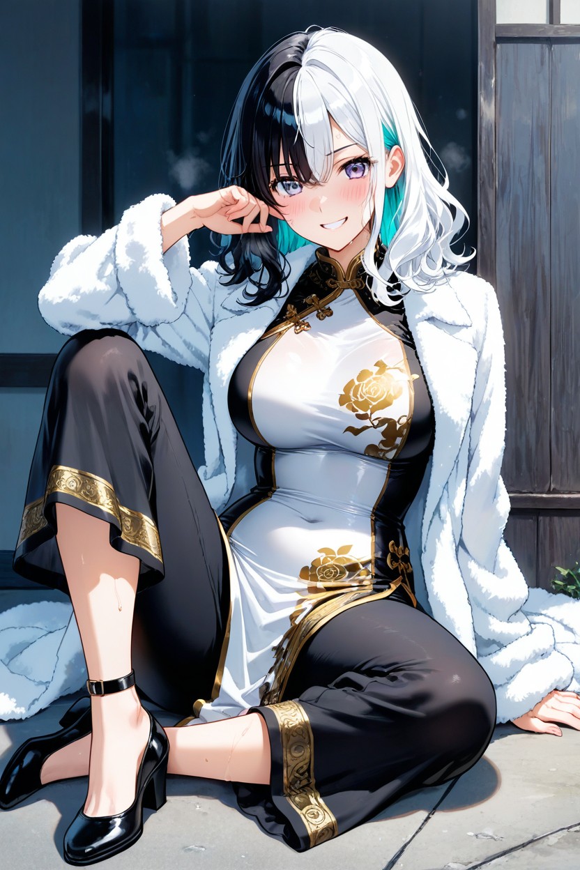 Knee Length Coat, White Fur Coat Collar, Ankle Strap AI Porn