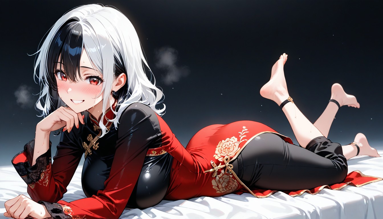 Facing The Viewer, Hair Between The Eyes, Black Capri Pants With Red Gradient Ath The Bottoms AI Porn