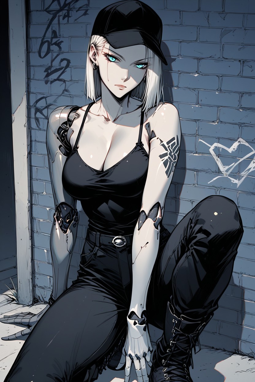 Metallic Silver Robotic Arm, Ultra-detailed, Black Cargo Pants Hentai AI Porn