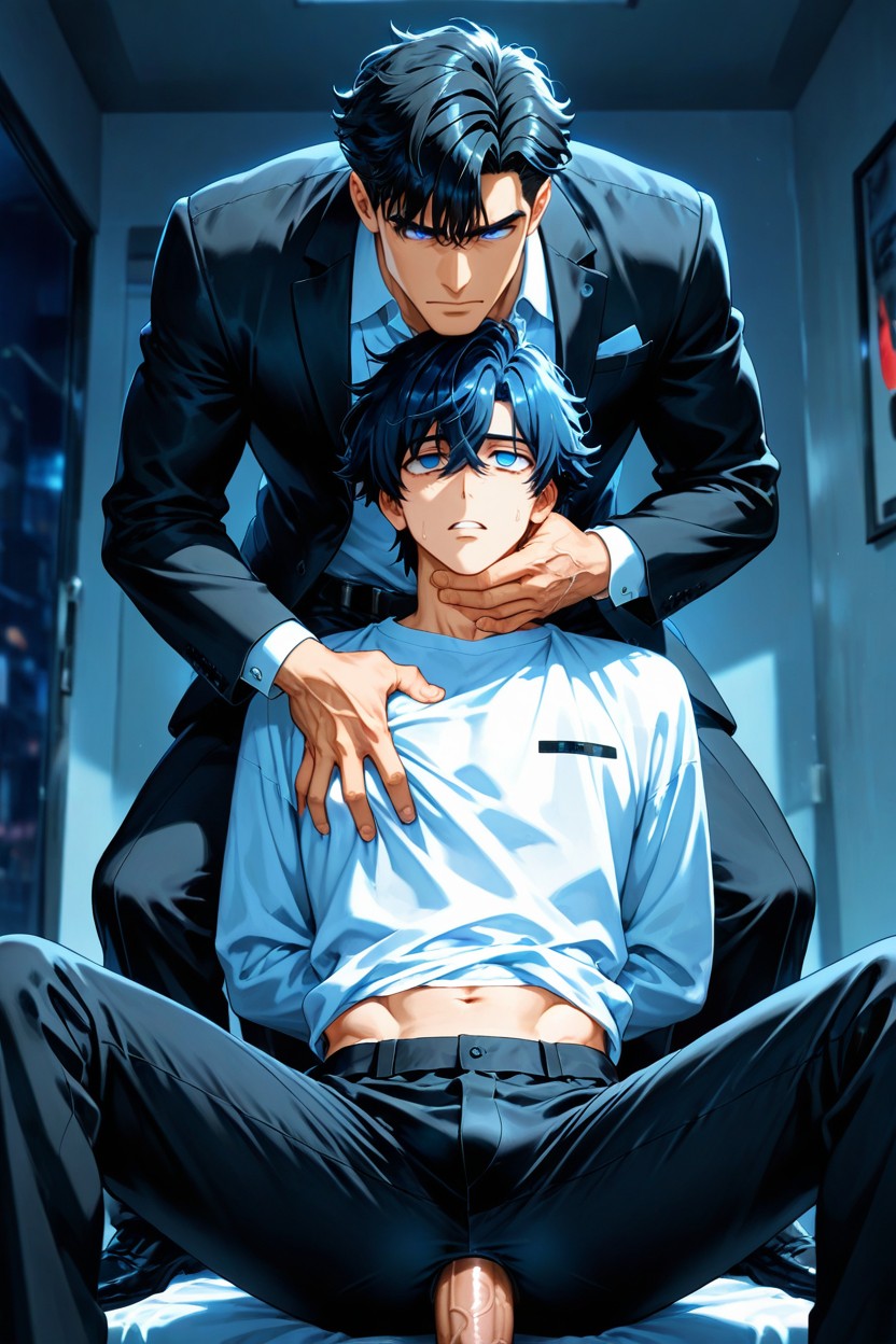 Blue Eyes, Long Office Pants, Sitting Down Legs Spread AI Gay Porn