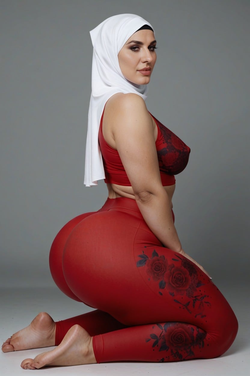 Super Beautiful Face, Large Booty, Hijab Woman Goddess Of Beauty Extrêmement Beautiful In Floral Print Pants AI Porn