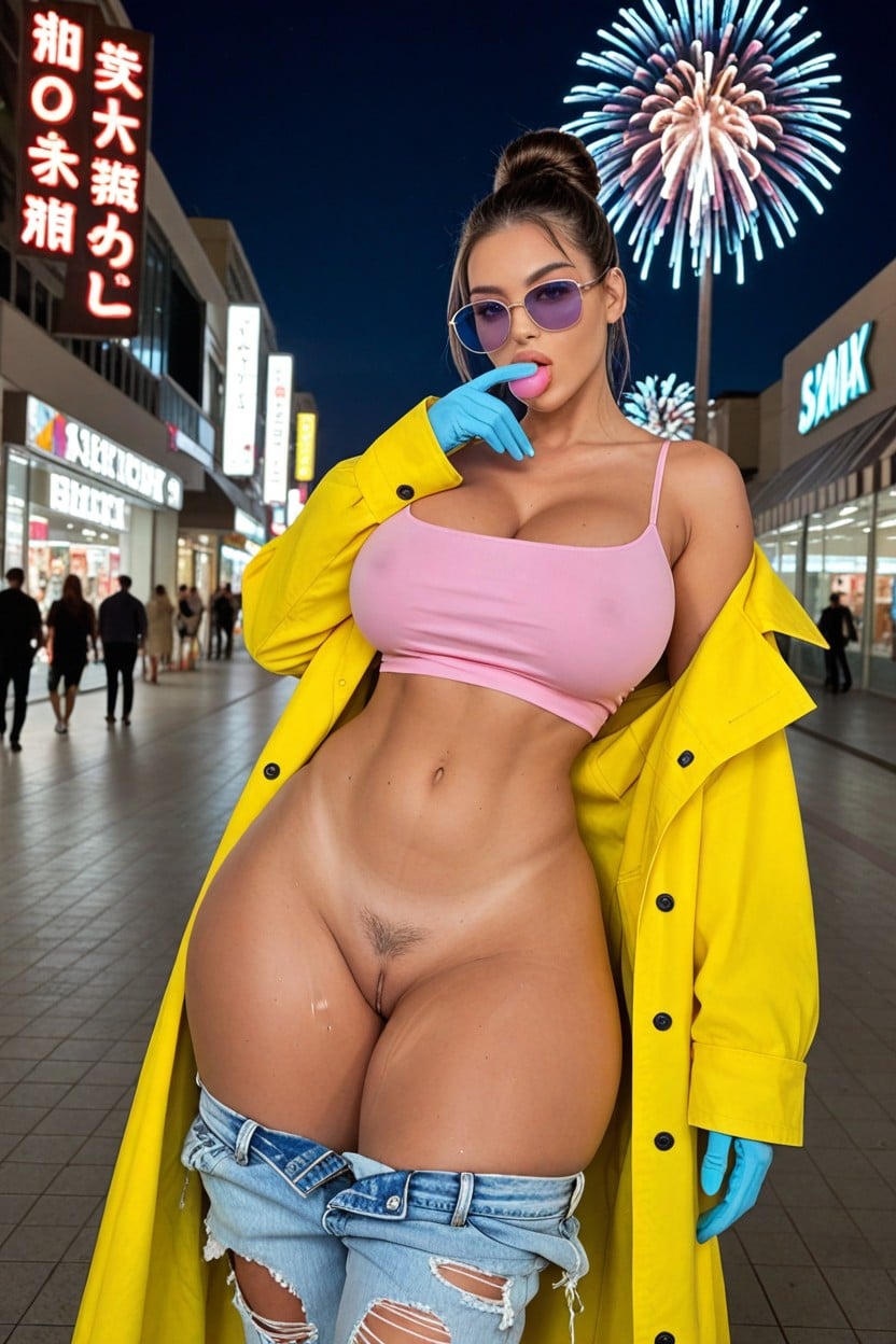Extremely Large Ass, A Bright Pink Crop Top Shirt, Torn Clothes AI Porn