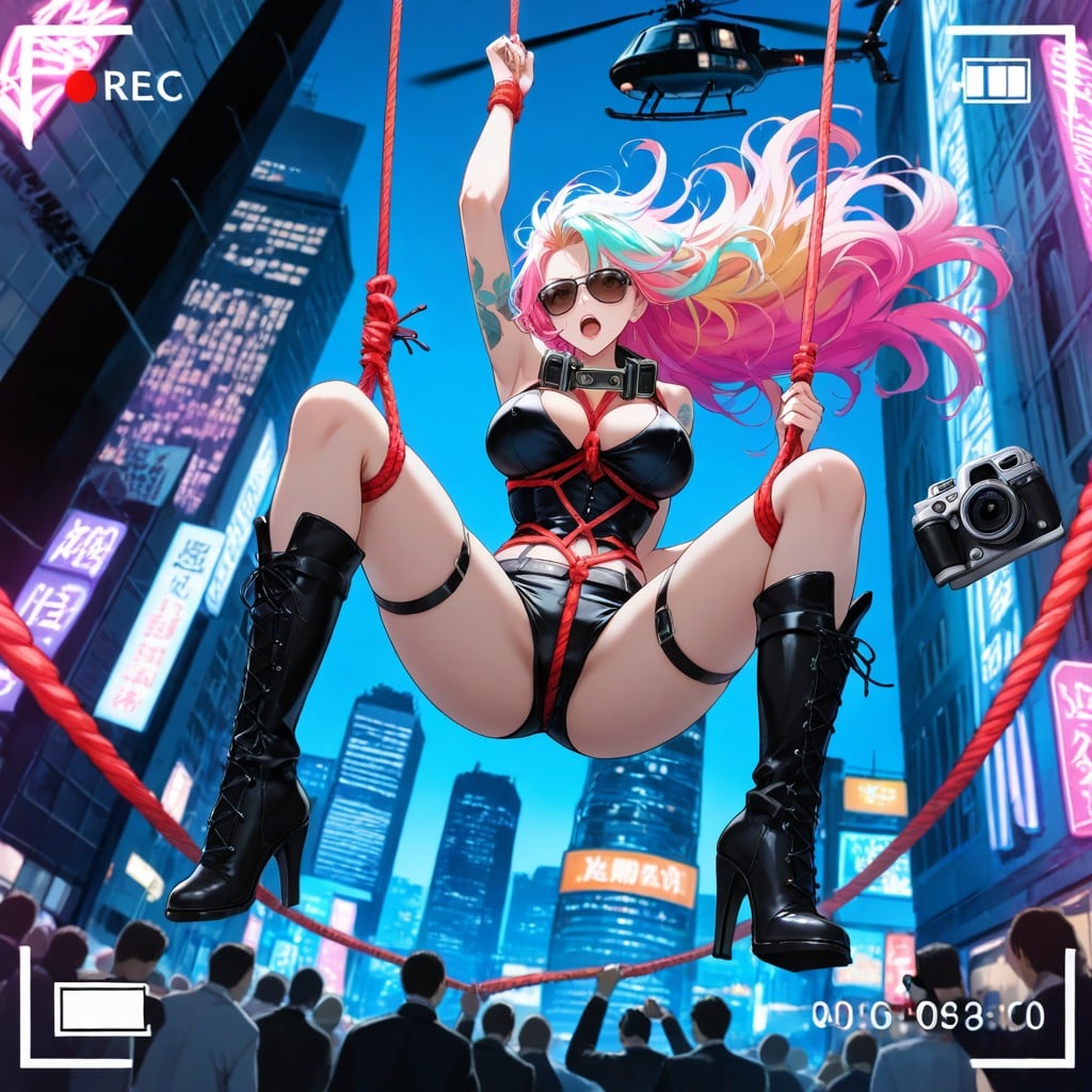 Bondage Outfit, Helicopter Is Flying High Over A Harbor Marina, Extreme Bottom Up View AI Porn