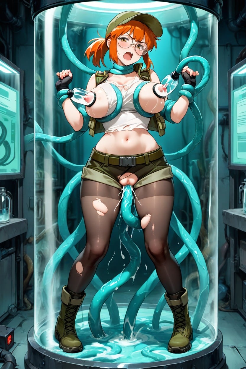 Open Green Military Style Vest, Head Tilt, Prominent Belt With Large Buckle Hentai AI Porn
