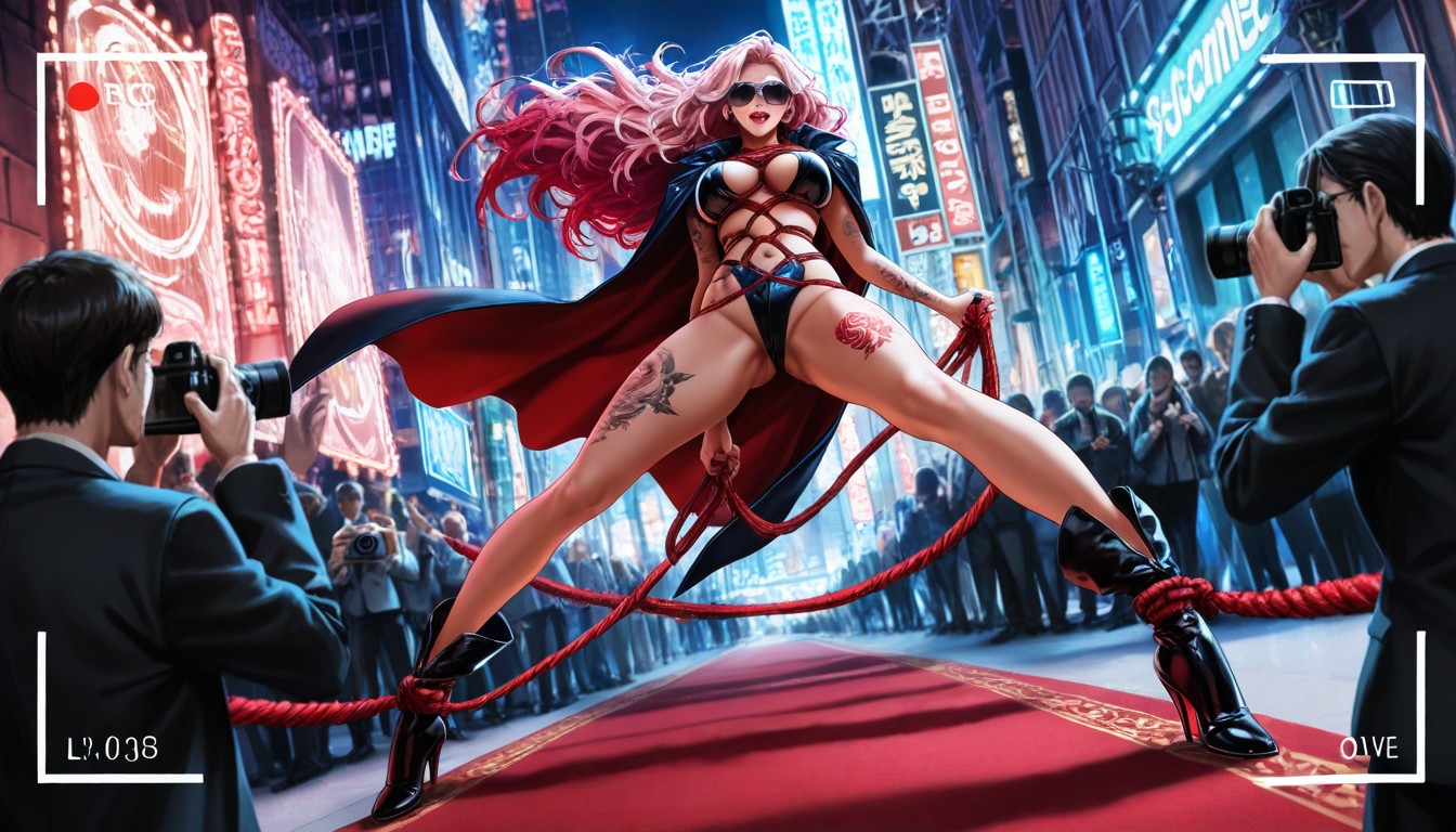 Spotlights At Night, Breasts Revealed, Urban Street AI Porn