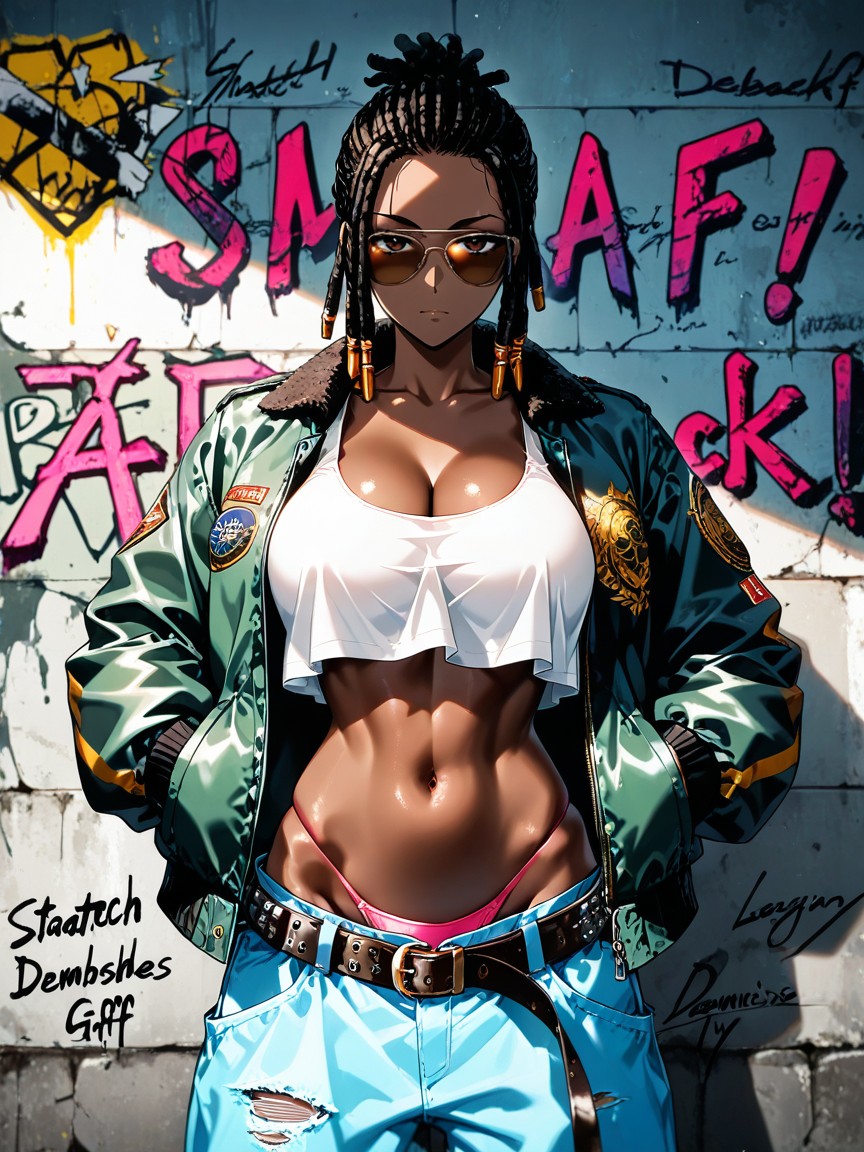 Scuffed Open Black Bomber Jacket With Fur Lining, Bored, Skinny Hentai AI Porn