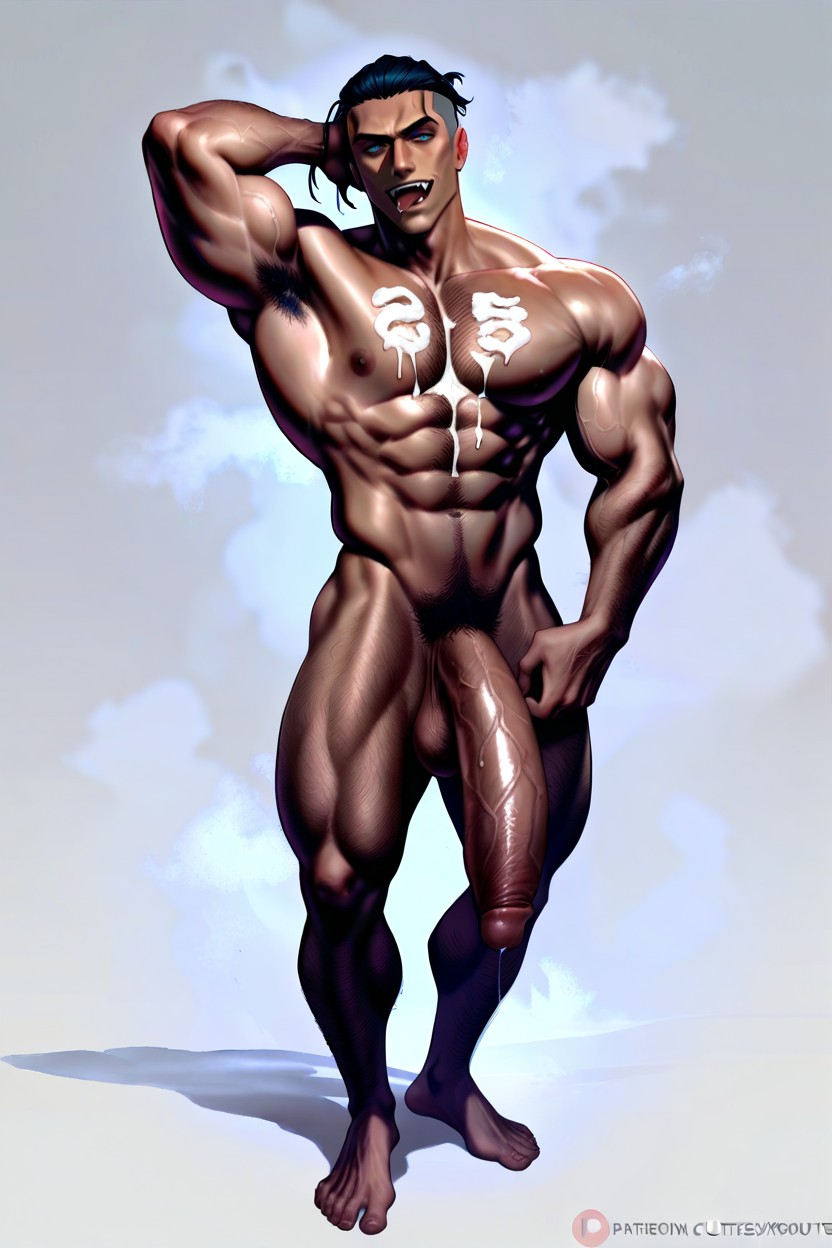 Right Hand Masturbating, Pony Cock, Semen On Chest AI Gay Porn