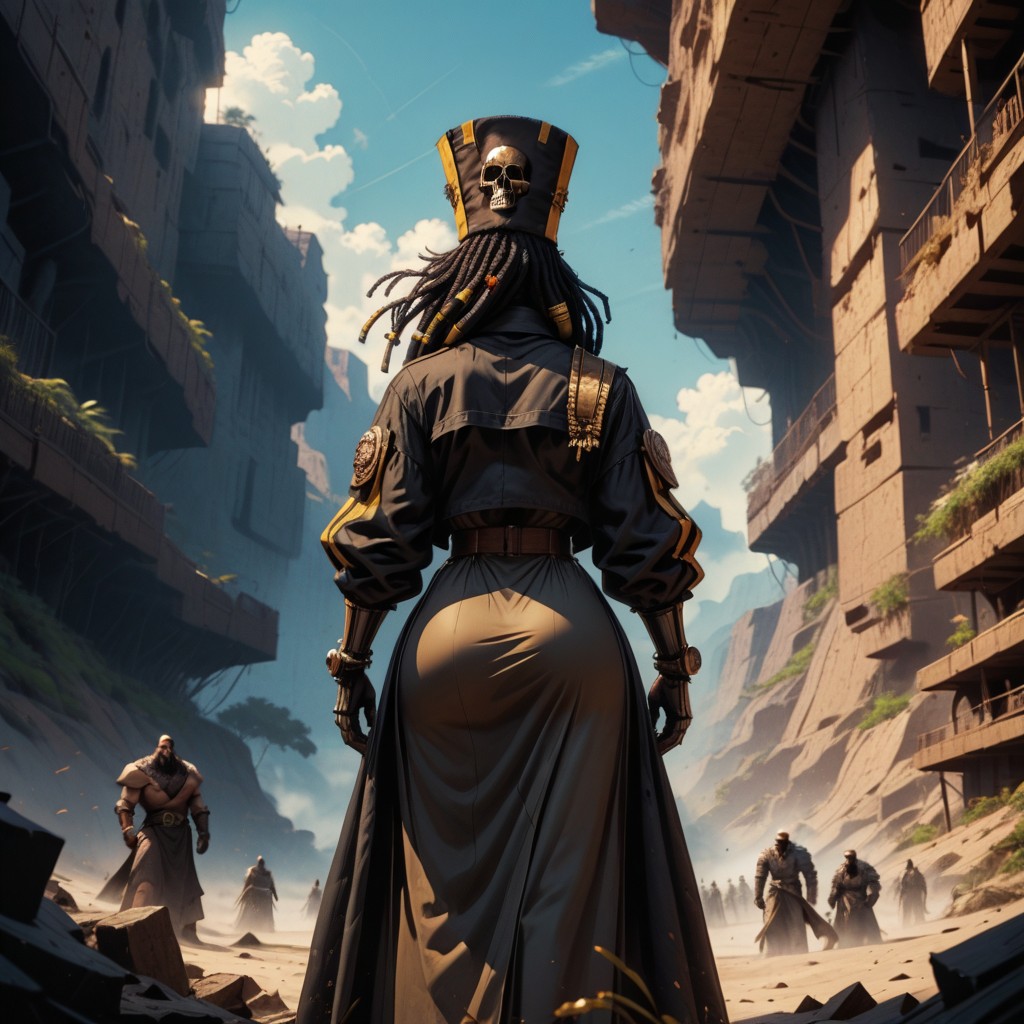 Dark Trousers Her Arms Features A Detailed Mechanical Gauntlet And Practical Utility Belt Sharp Focus, Rear View, Thick Locks AI Porn