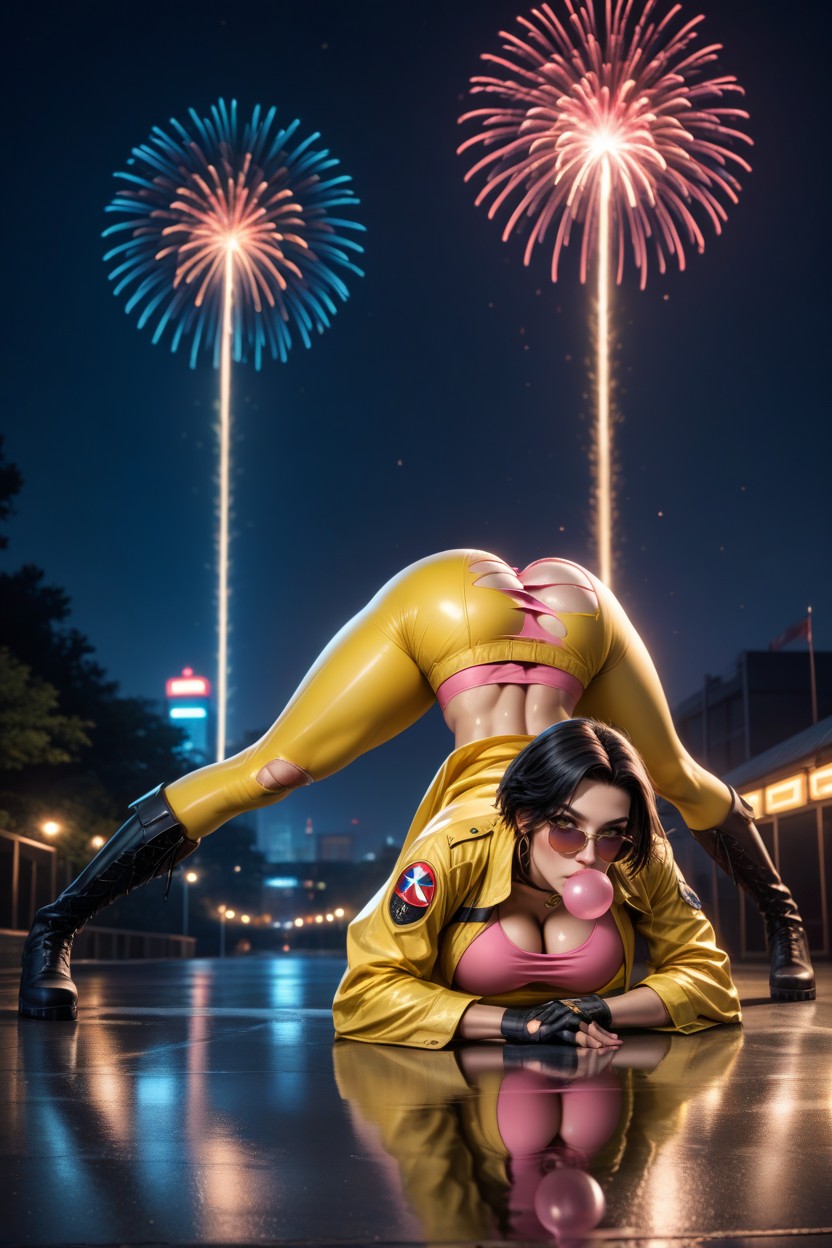 Large Pink Wrap Around Sunglasses, Gleaming Skin, Extremely Wide Hips AI Porn