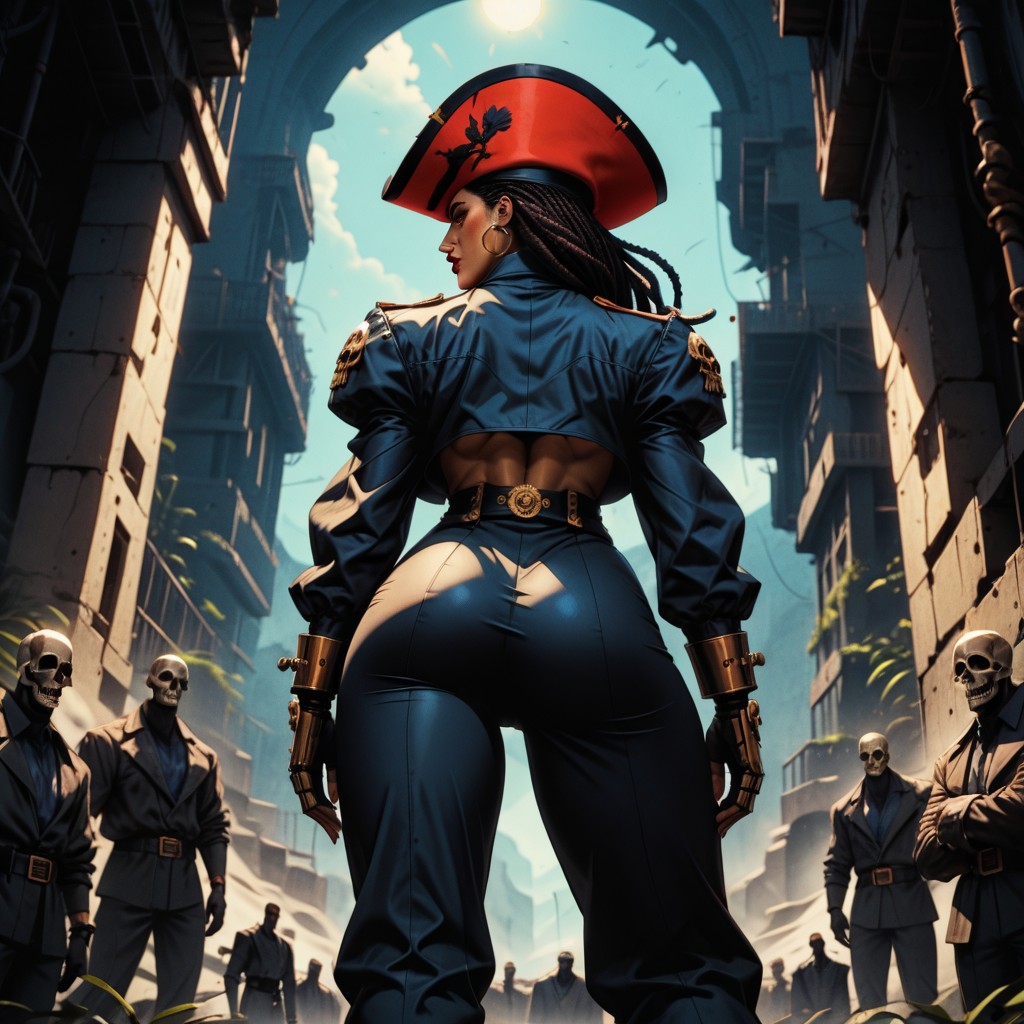 High Detail, Wide-angle, Two Of Her Crew Members Are Standing To Her Left And Right Behind Her AI Porn