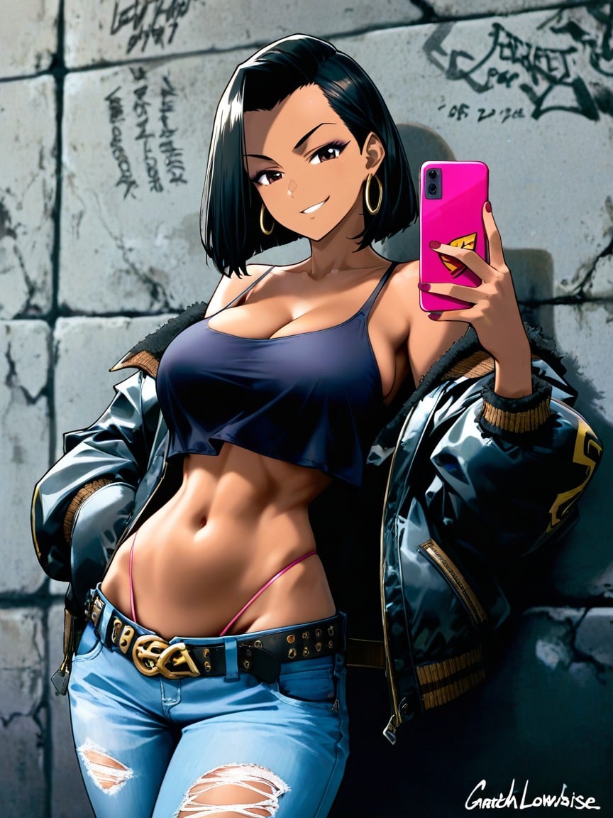 Brazilian, Looking At Smartphone, Mil Xration Art Style Hentai AI Porn