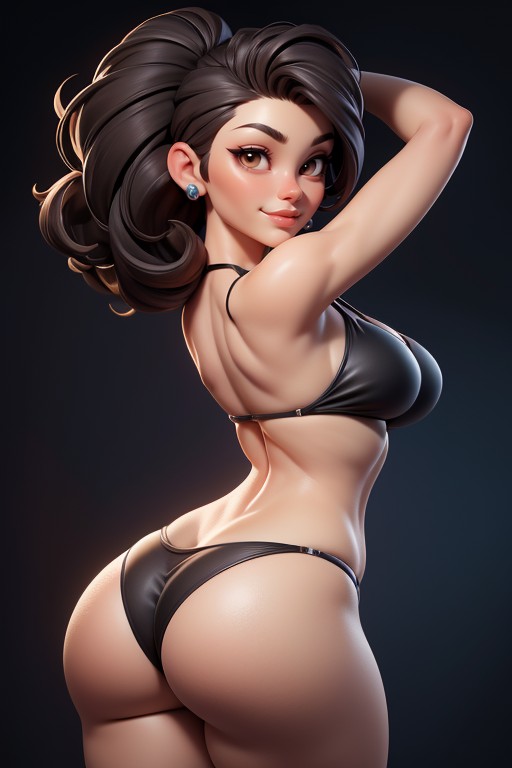 Bikini, Arms Up In Front Of Face In Hugging Pose, No Hair At The Back Of Her Head Hentai AI Porn
