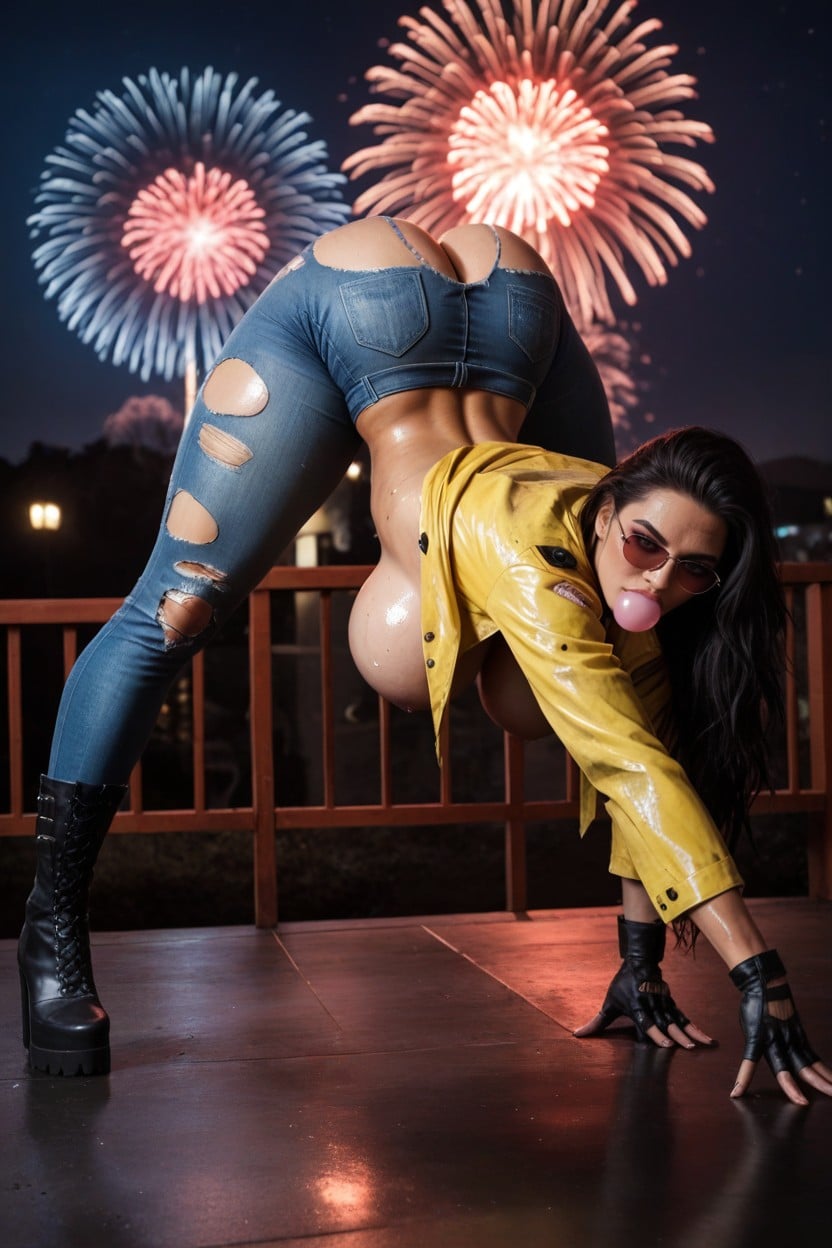 Oiled Skin, Extremely Hair Length, Oversized Yellow Trench Coat AI Porn