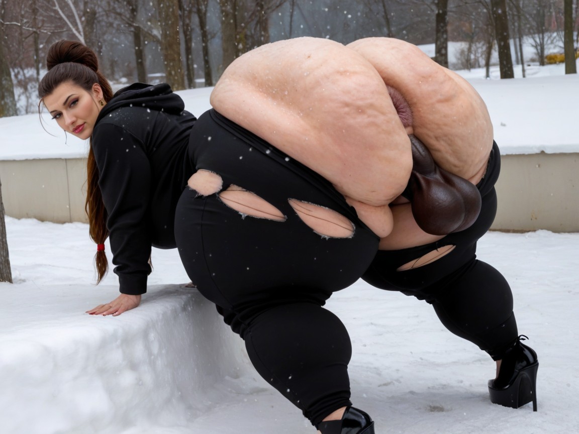 Slightly Torn Oversized Pajama Pants, Extremely Large Ass, Huge Ass With A Black Man Behind Her Fucking Her Anus AI Porn