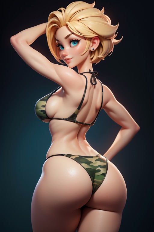 Tall Thick And Curvy Perfect Body, Sexy Smile Looking Back At Viewer, No Hair In The Back Of Head Hentai AI Porn