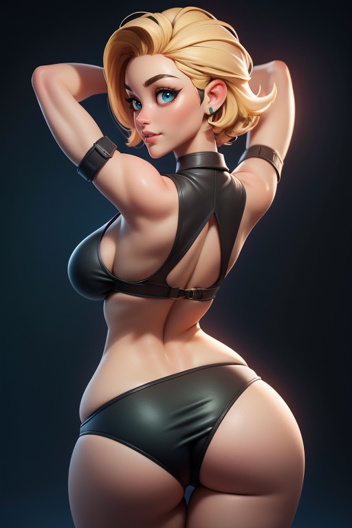 Arms Up, Green And Black Military Camouflage Bikini, Pixie Cut Hentai AI Porn