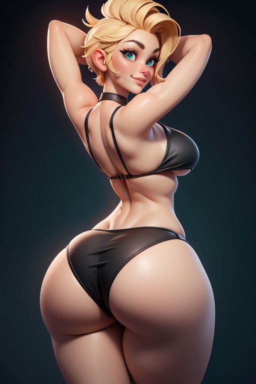 Bikini Bottoms Are Pulled Down Revealing Ass Crack, No Hair In The Back Of Head, Sexy Confident Smirk Expression Hentai AI Porn