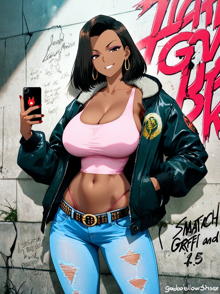 Latina, Scuffed Open Black Bomber Jacket With Fur Lining, Navel Exposed Hentai AI Porn