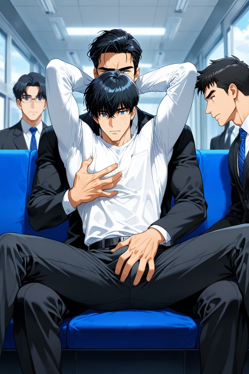 Sitting Down Legs Spread, Bangs Slightly Swept To The Sides, Double Layer Shirt AI Gay Porn