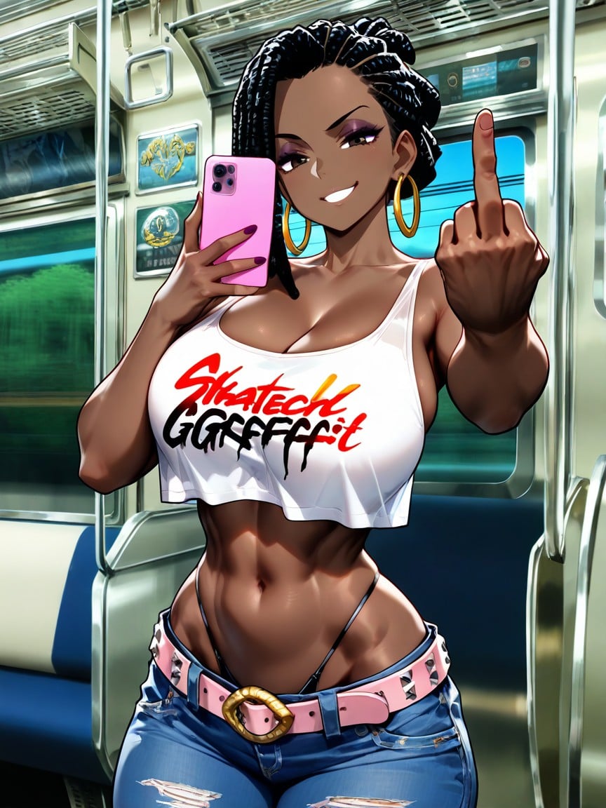 Feminine Toned Body, In Dim Ghetto Train, Navel Exposed Hentai AI Porn