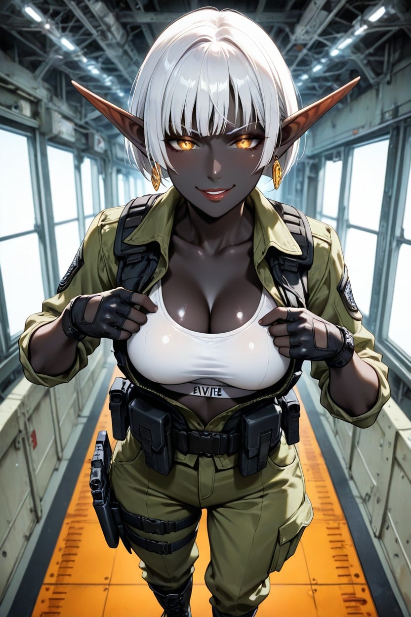 Excited, Ashen Skin, Rolled Up Olive Military Jacket Hentai AI Porn
