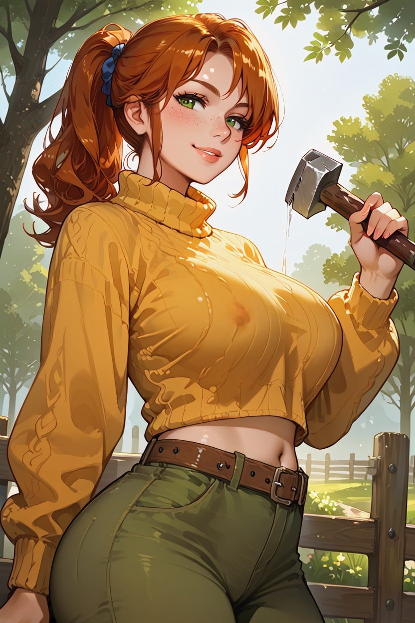Wooden Fence, Yellow Wool Sweater, Very Sexy Hentai AI Porn