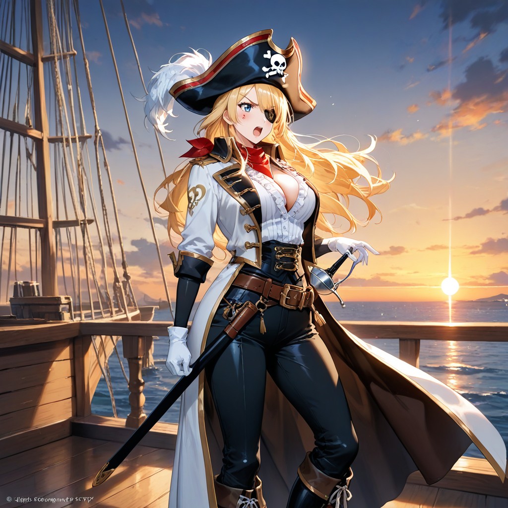On A Sailing Ship Deck, Long Blond Hair, Hi Rise Boots Hentai AI Porn