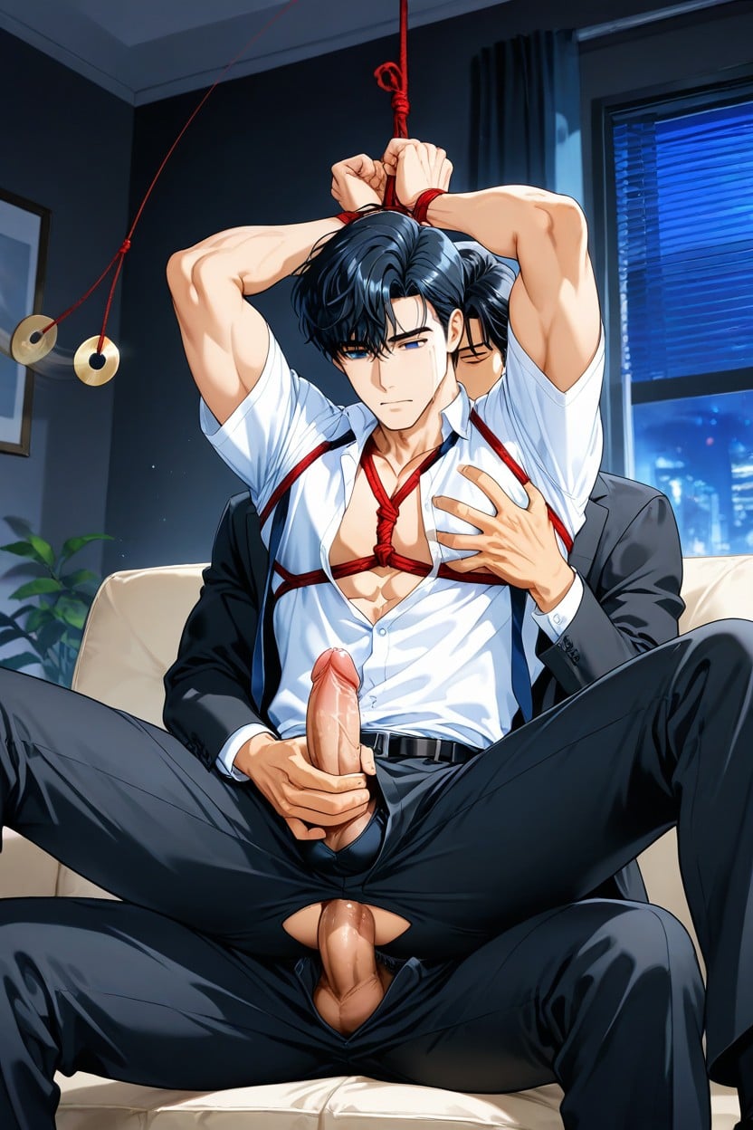 Groping, Anime-like Hair Style, Open Office Pants AI Gay Porn