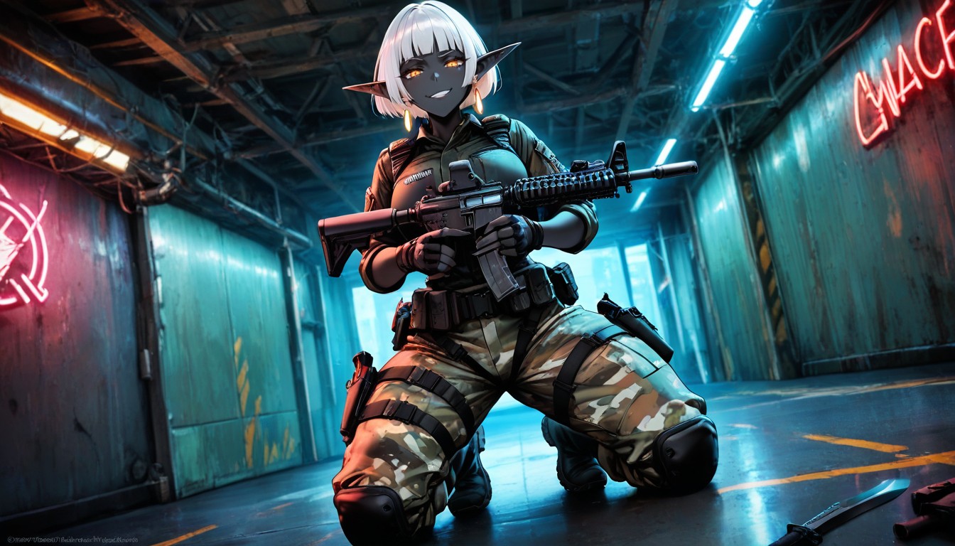18+, Hundgun Holster Around Right Thigh, Black Skin Hentai AI Porn