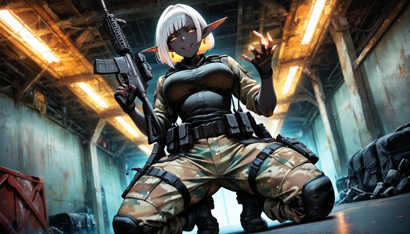 Shiny Skin, Bobcut, Straight White Hair Hentai AI Porn
