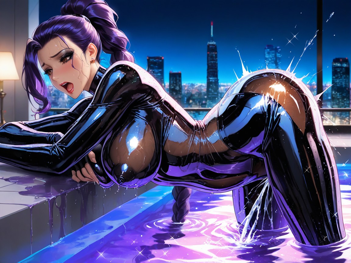 Form Fitting Clothes, Seoul City Panoramic View, Deep Purple Knee Length Hair Hentai AI Porn
