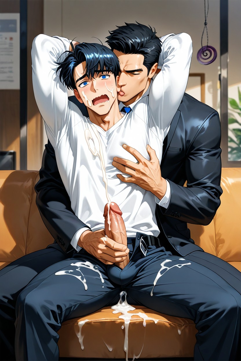 Slightly Puffy Top Of Head, Slightly Messy Hair, Grab Crotch Pants AI Gay Porn