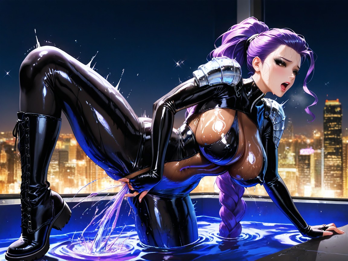 Wet Clothes, Tall Luxurious Korean Skyscraper Penthouse Pool, Korean Woman With Brown Eyes And Deep Purple Hair Hentai AI Porn