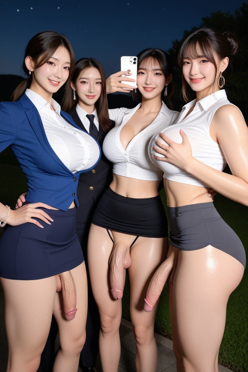 Low Hair Bun, Breast Squeeze, Tight Skirt That Reaches The Hips Pornografia asiática com IA