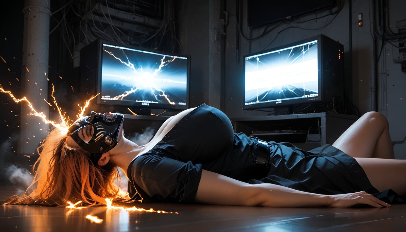 Laying, Eyes Are Rolled, Holographic Interface Projected On Her Face Hentai AI Porn