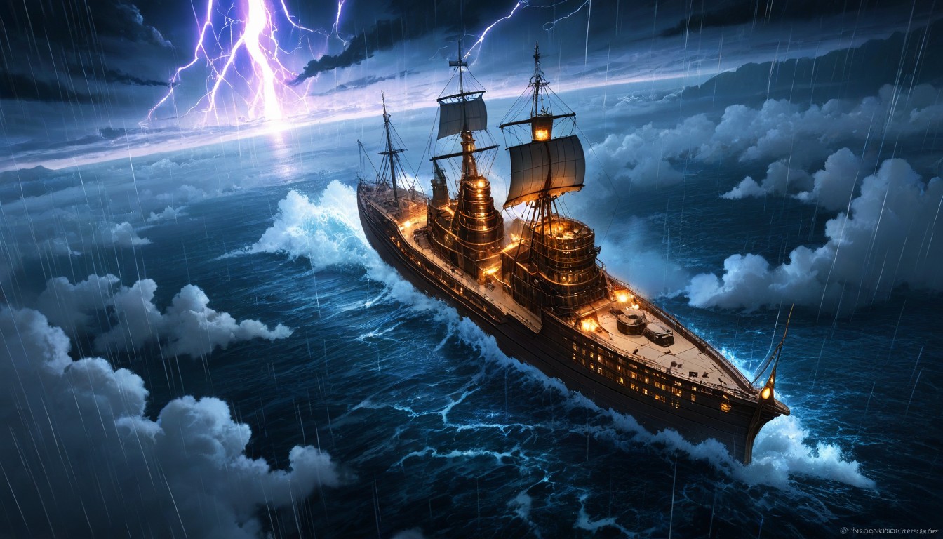 And Massive Towering Waves Are Dramatically Around The Sides Of The Ship, Powerful Water Movement, Top Down AI Porn