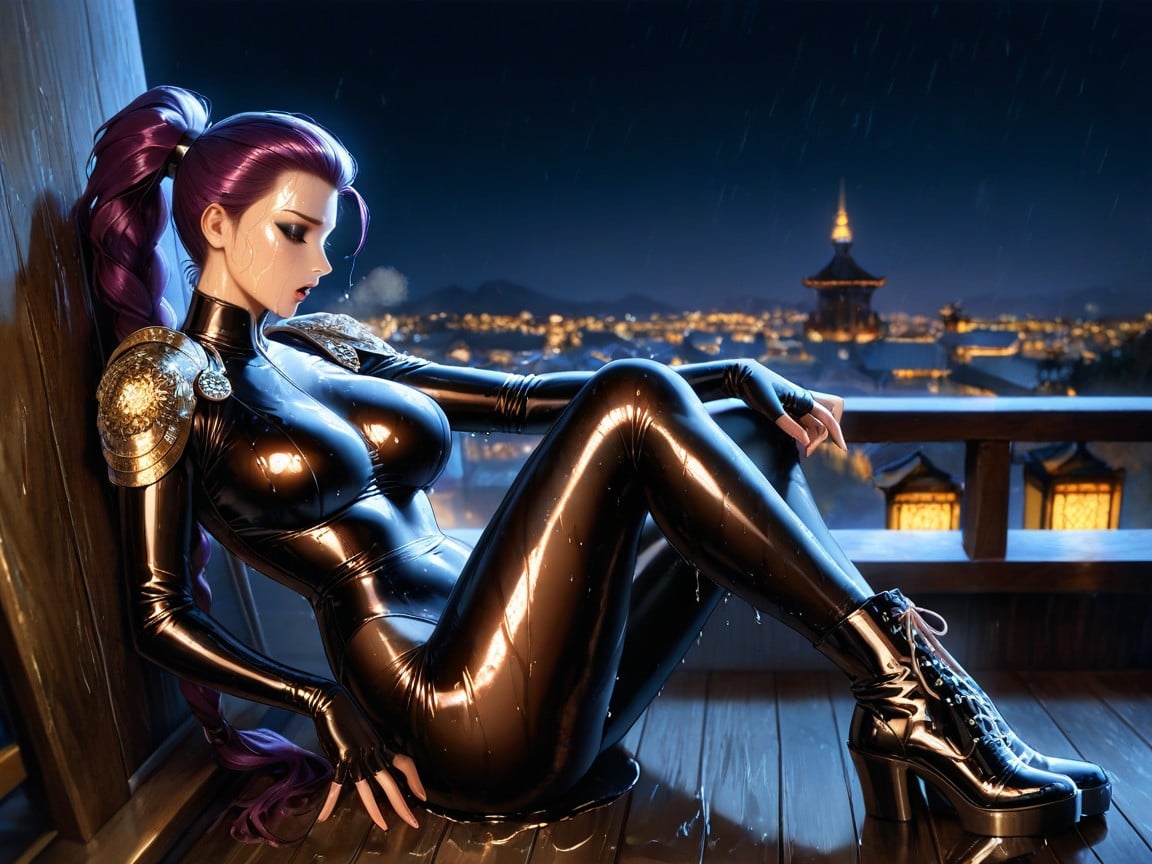 Slicked Back Long Braided High Ponytail Starting At Forehead, Dramatic Side Lighting, 2 People Hentai AI Porn