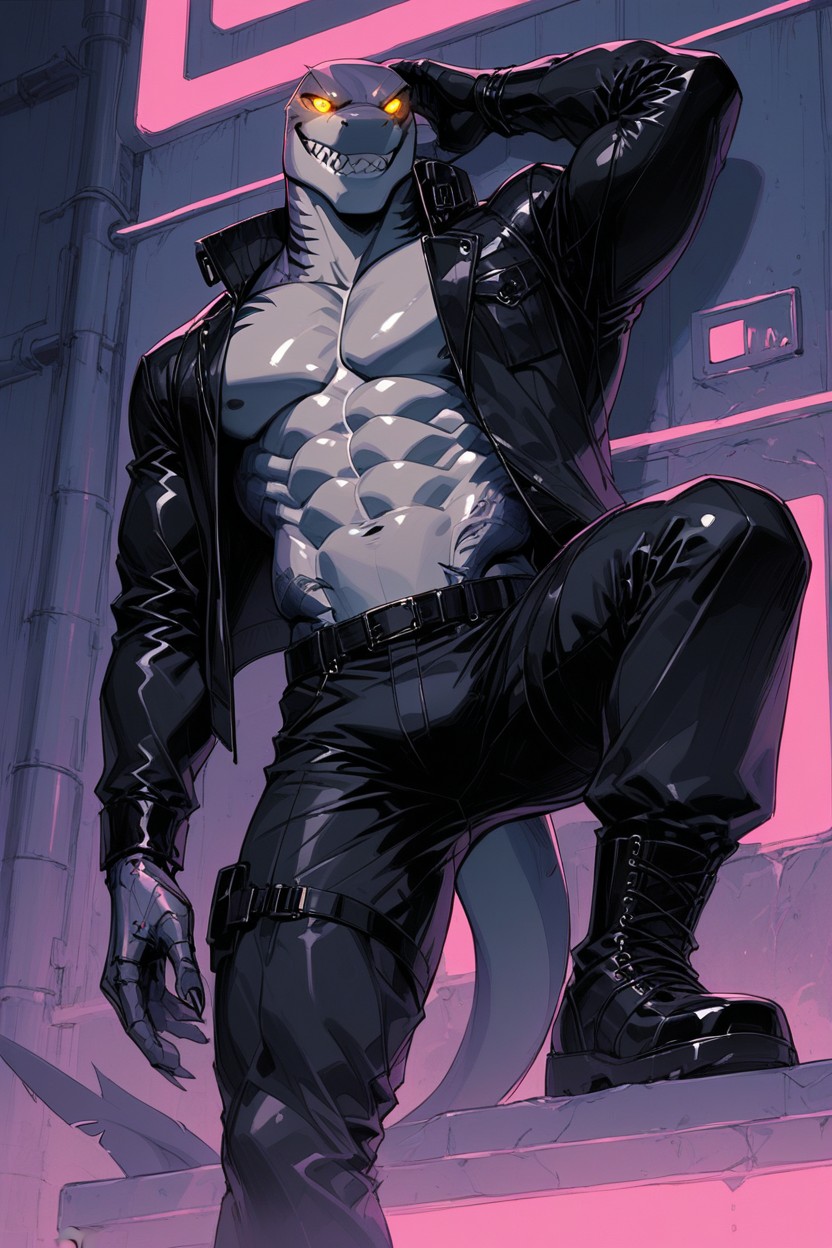 Glowing Golden Eyes, A Tall, Wearing A Black Leather Jacket Stretched Over His Broad Chest Furry AI Porn
