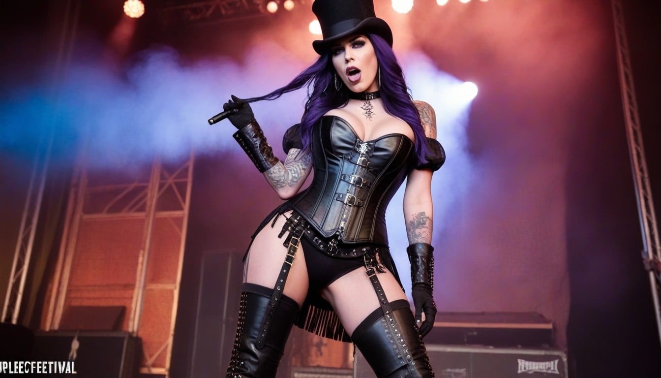 Spreading Legs, On Stage, Long Gothic Laced Leather Boots AI Porn