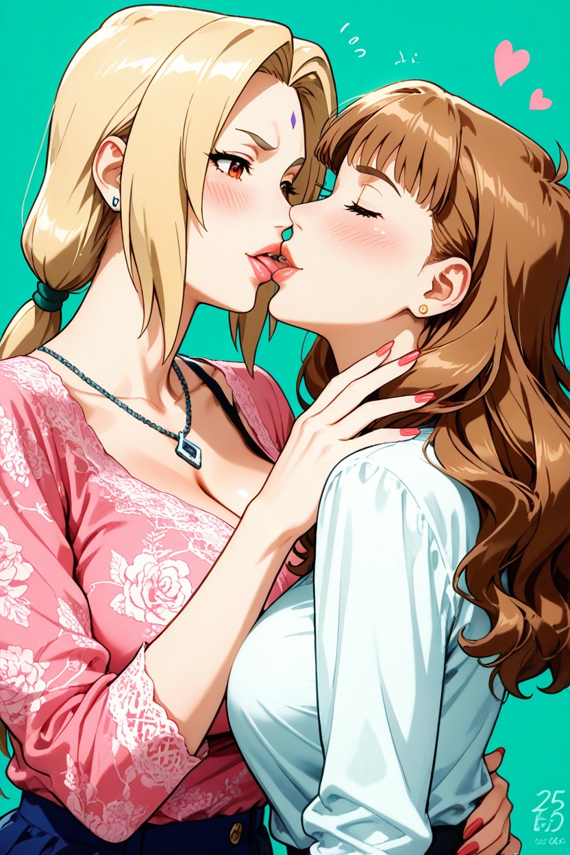 Lesbians, Tsunade, Playfully Engaged In A Close Delicate Kiss Hentai AI Porn