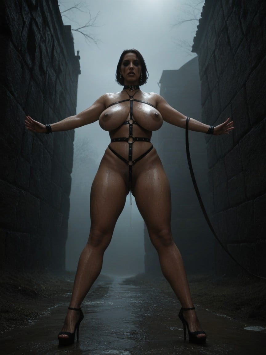 Earrings, Flesh-colored Areolas And Nipples Dark Horror Sanctuary Harness, Backlit MILF AI Porn